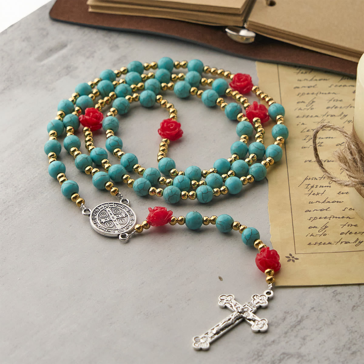 Elegant Red & Blue Rose Rosary with Turquoise Beads: Blessed by Our Lady and St. Benedict