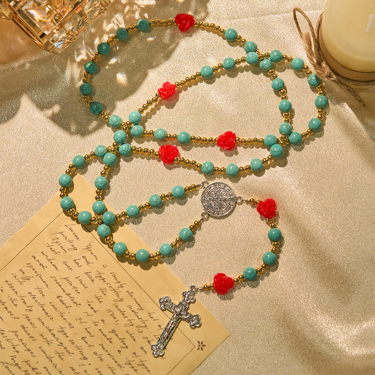 Elegant Red & Blue Rose Rosary with Turquoise Beads: Blessed by Our Lady and St. Benedict