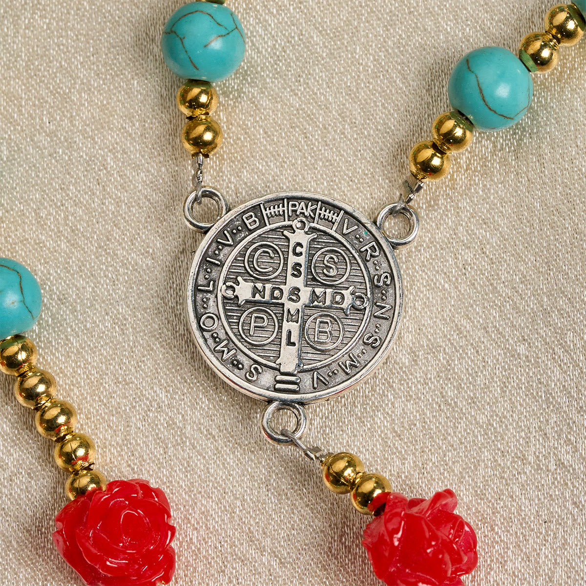 Elegant Red & Blue Rose Rosary with Turquoise Beads: Blessed by Our Lady and St. Benedict