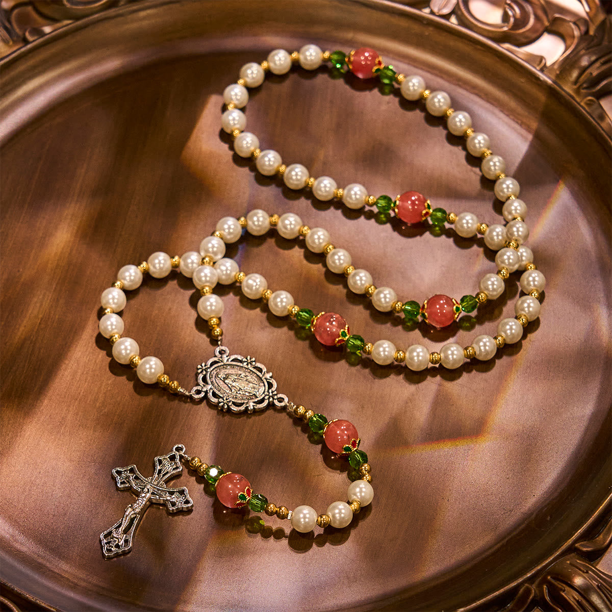 Floral Grace Our Lady Rosary with Pink & Purple Beads Accents