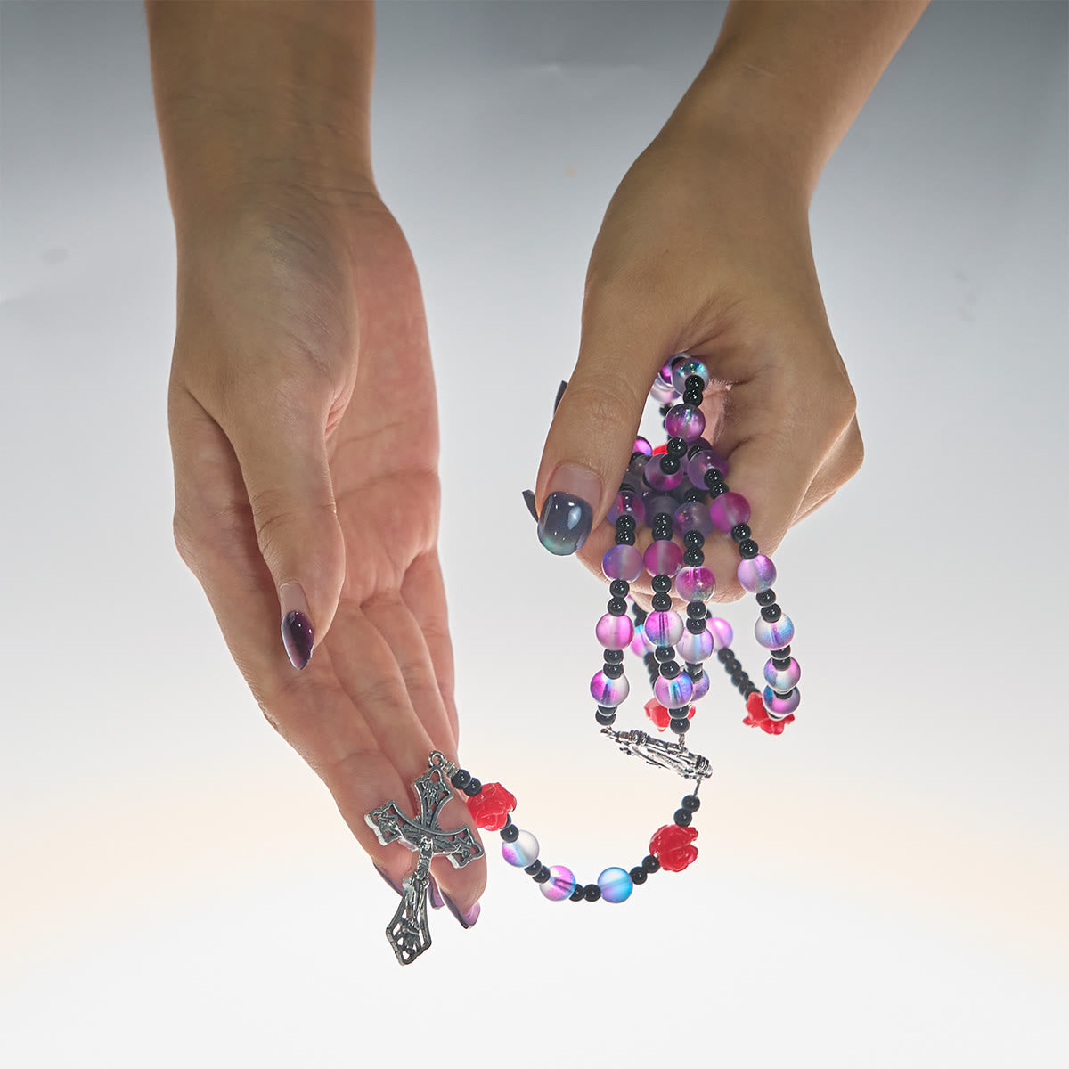 Mystical Frosted Purple-Blue Beads Rosary with Red Roses & Miraculous Medal Blessing