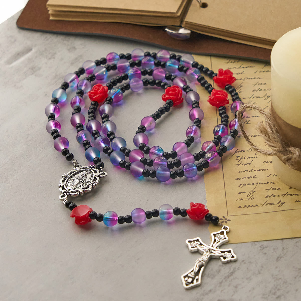 Mystical Frosted Purple-Blue Beads Rosary with Red Roses & Miraculous Medal Blessing