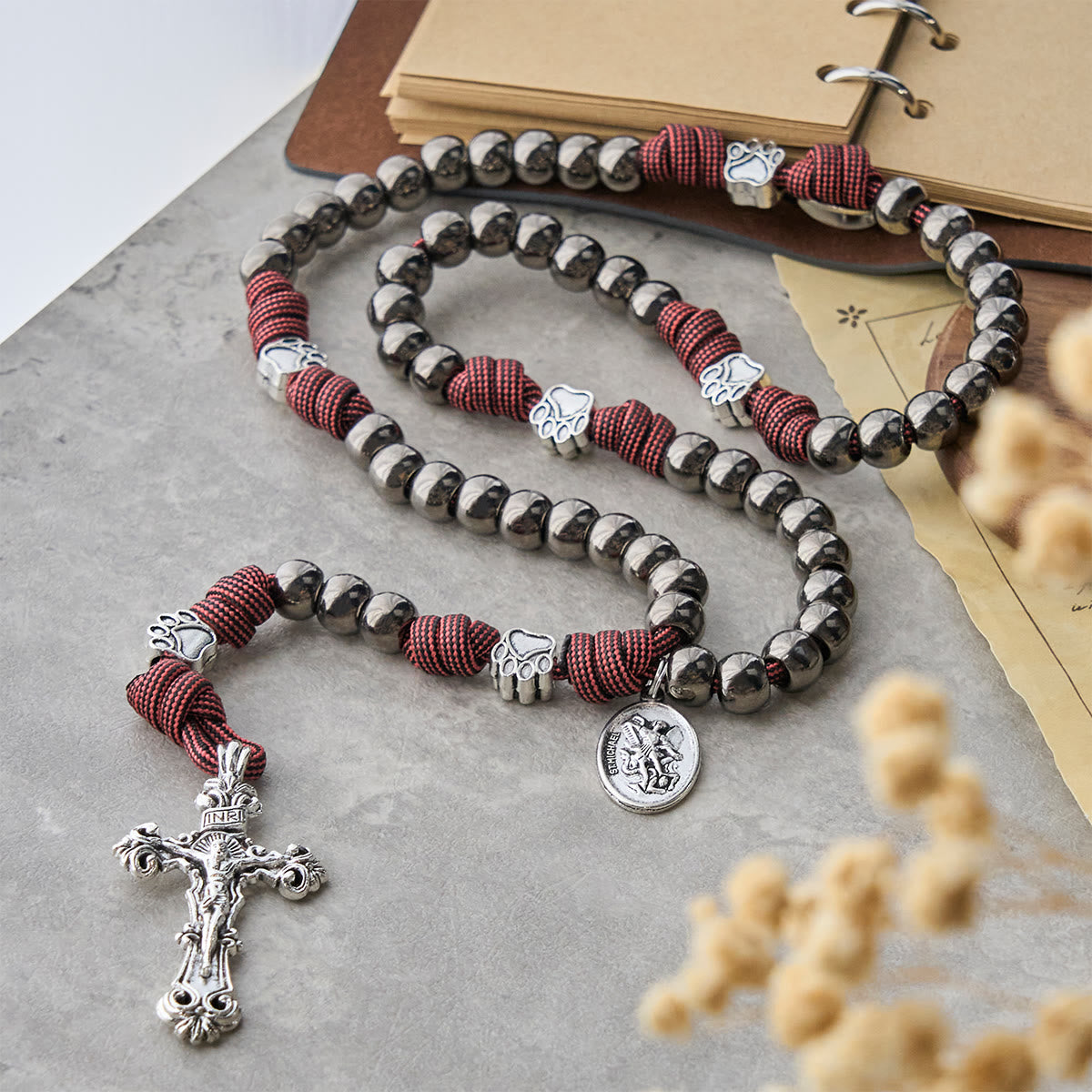 Rugged Bronze-Tone Beads Paracord Rosary with Paw Charms & St. Michael
