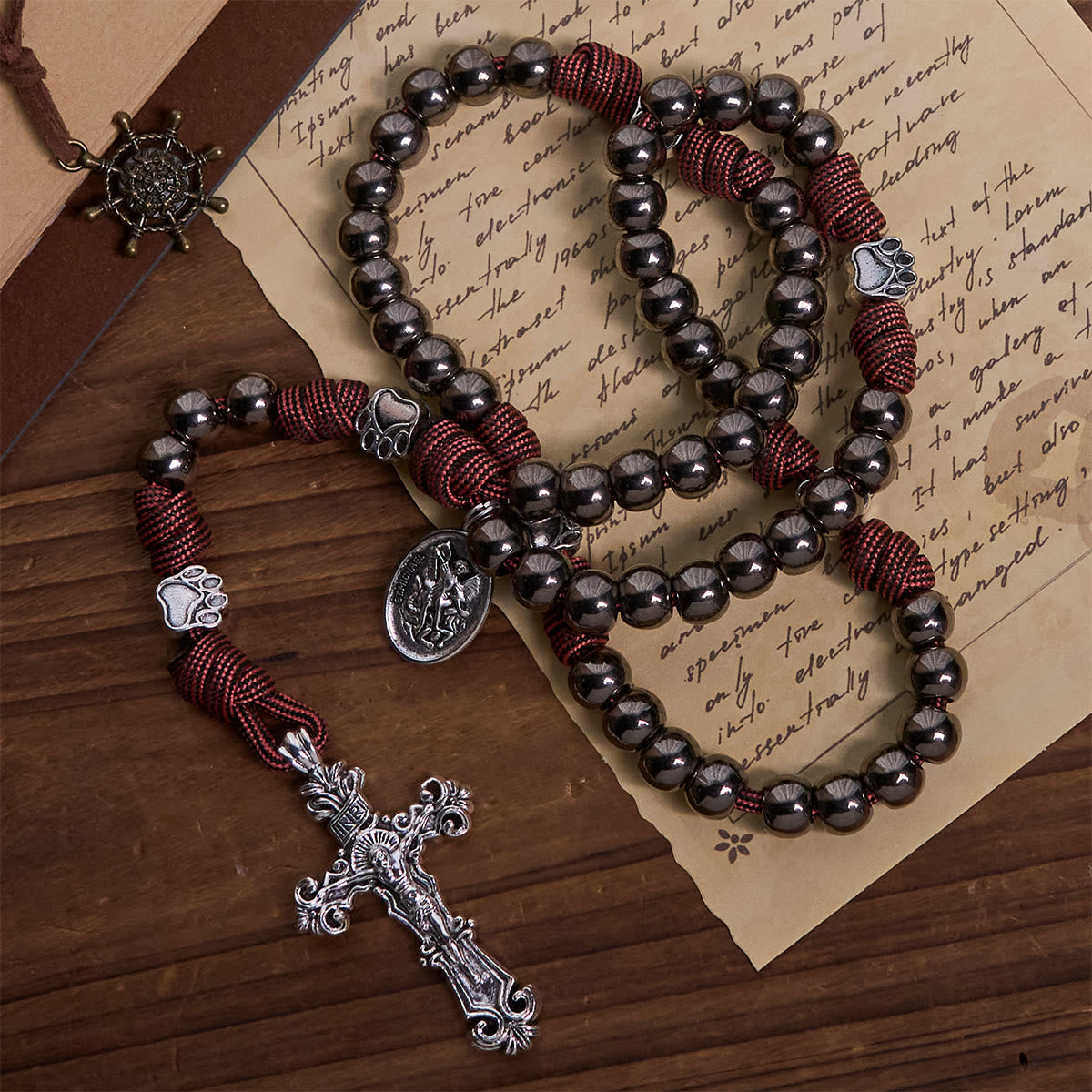 Rugged Bronze-Tone Beads Paracord Rosary with Paw Charms & St. Michael
