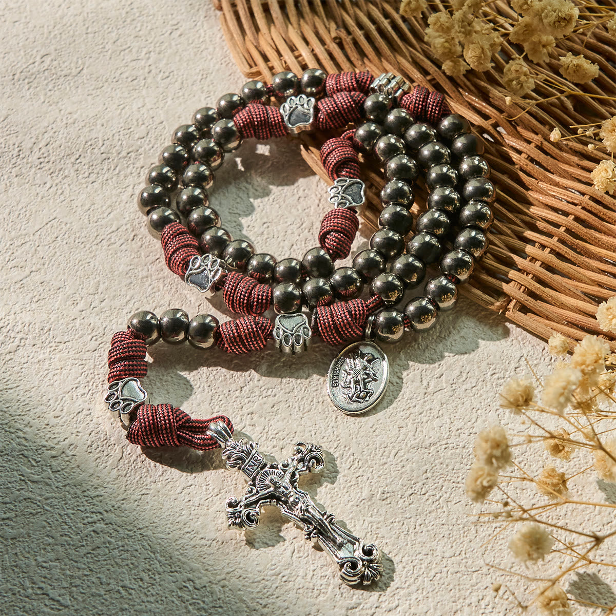 Rugged Bronze-Tone Beads Paracord Rosary with Paw Charms & St. Michael