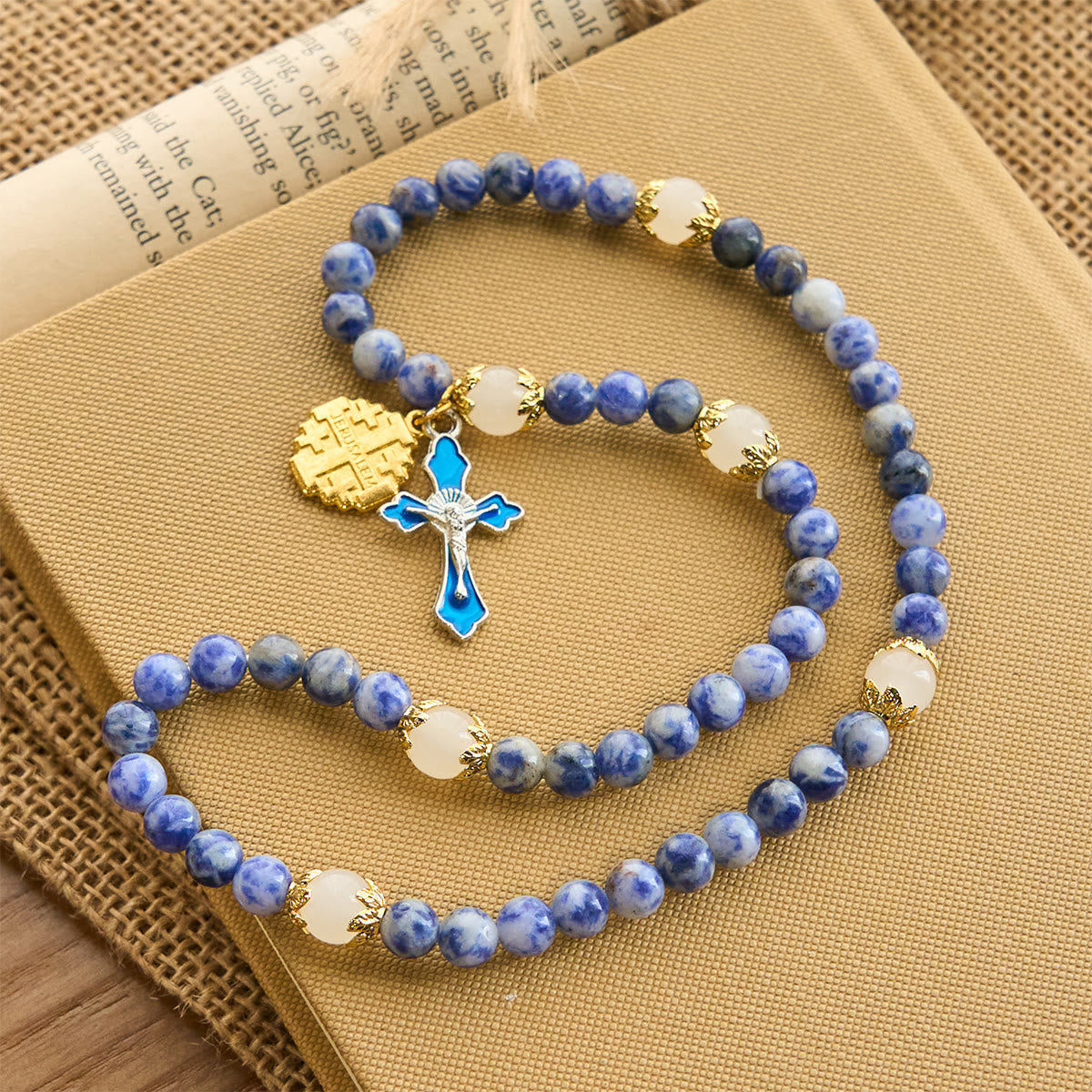 Artisanal Elastic 4mm Blue Stone Rosary Bracelet with Crucifix & Jerusalem Cross
