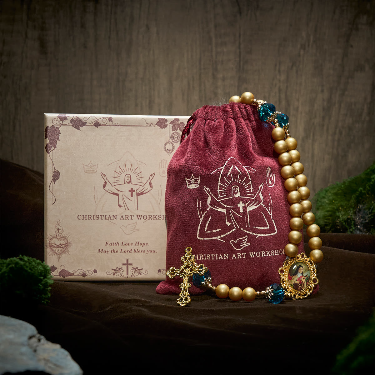 Elegant Matte Golden Pearl Rosary with St. Therese and Crucifix
