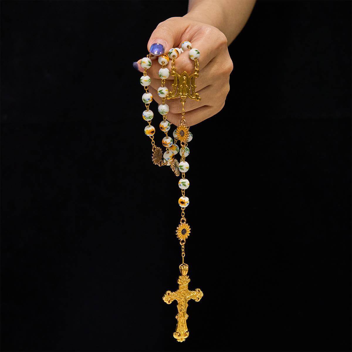 Handmade Sunflower-Inspired Rosary: A Divine Creation with Yellow Floral Beads