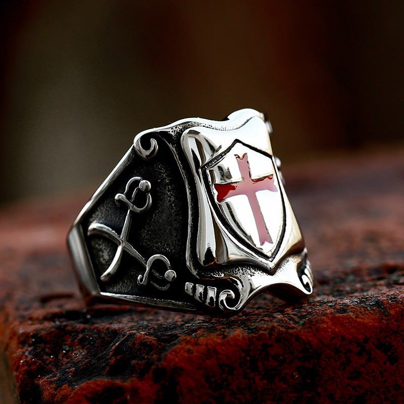 Medieval Style Red Cross Shield Ring with Knightly Design and Engraved Details