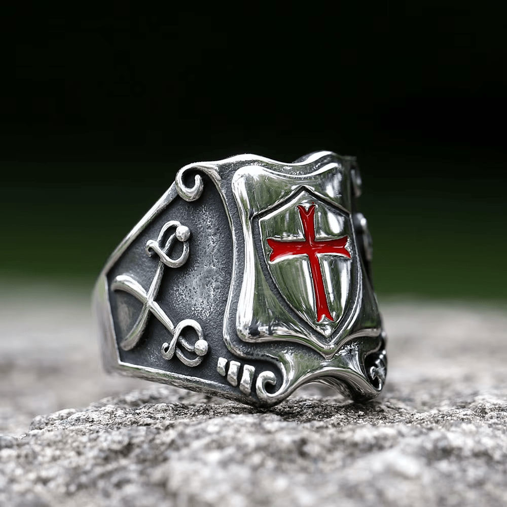 Medieval Style Red Cross Shield Ring with Knightly Design and Engraved Details