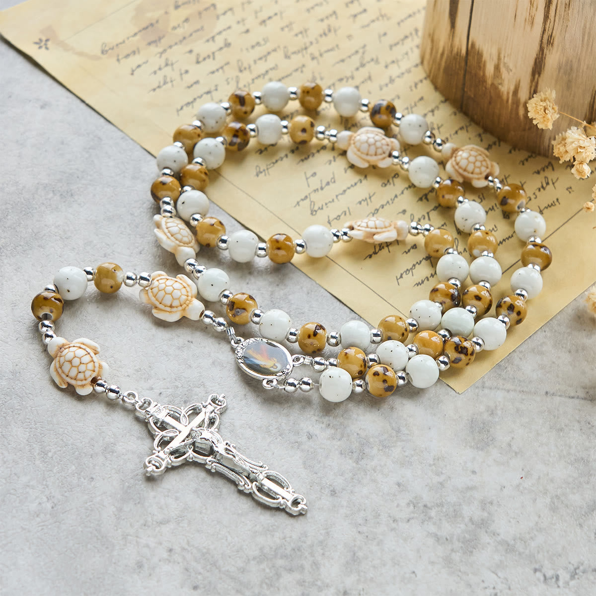 Divine Care Turtle with Warm Yellow Beads and Our Lord's Mercy Animal Rosary
