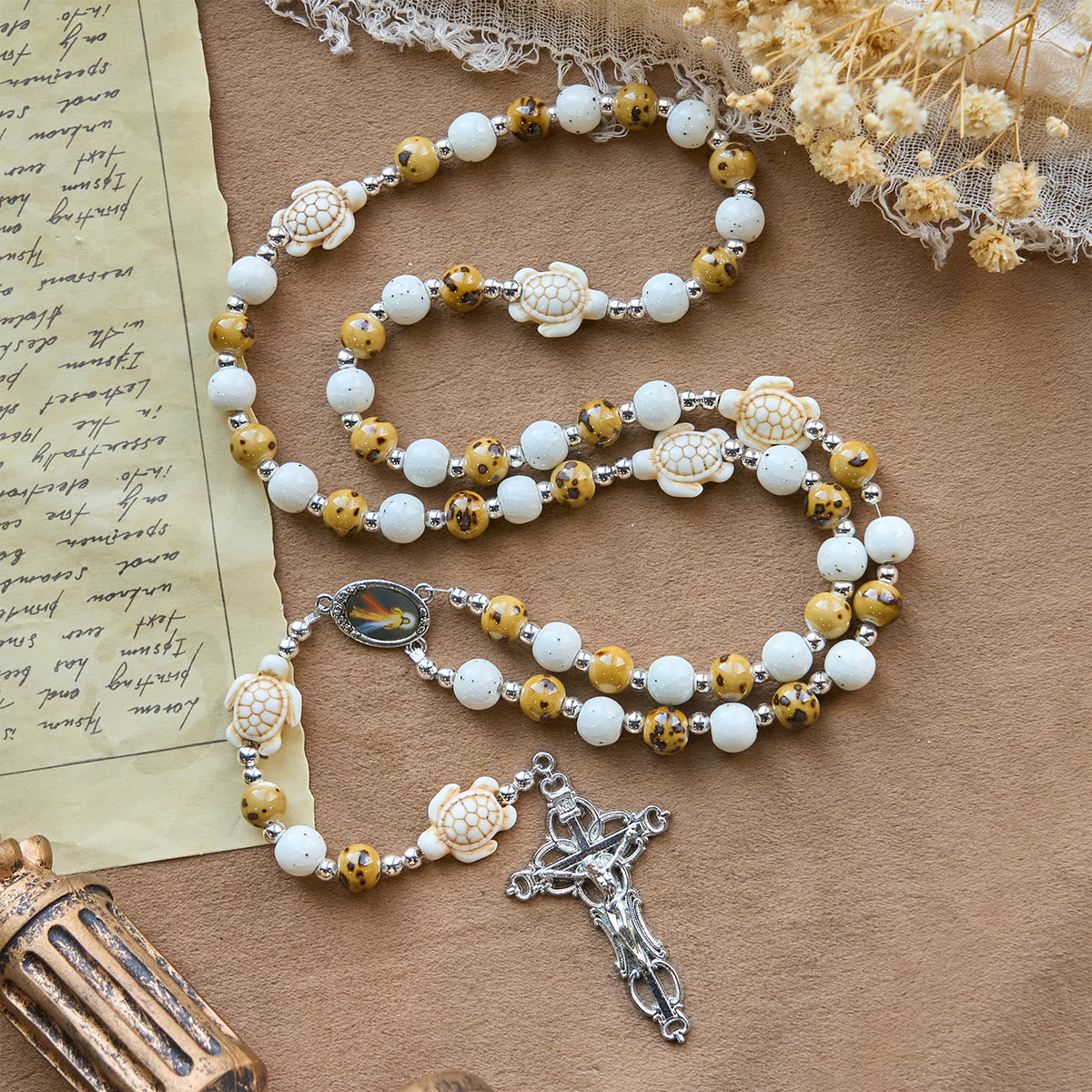 Divine Care Turtle with Warm Yellow Beads and Our Lord's Mercy Animal Rosary
