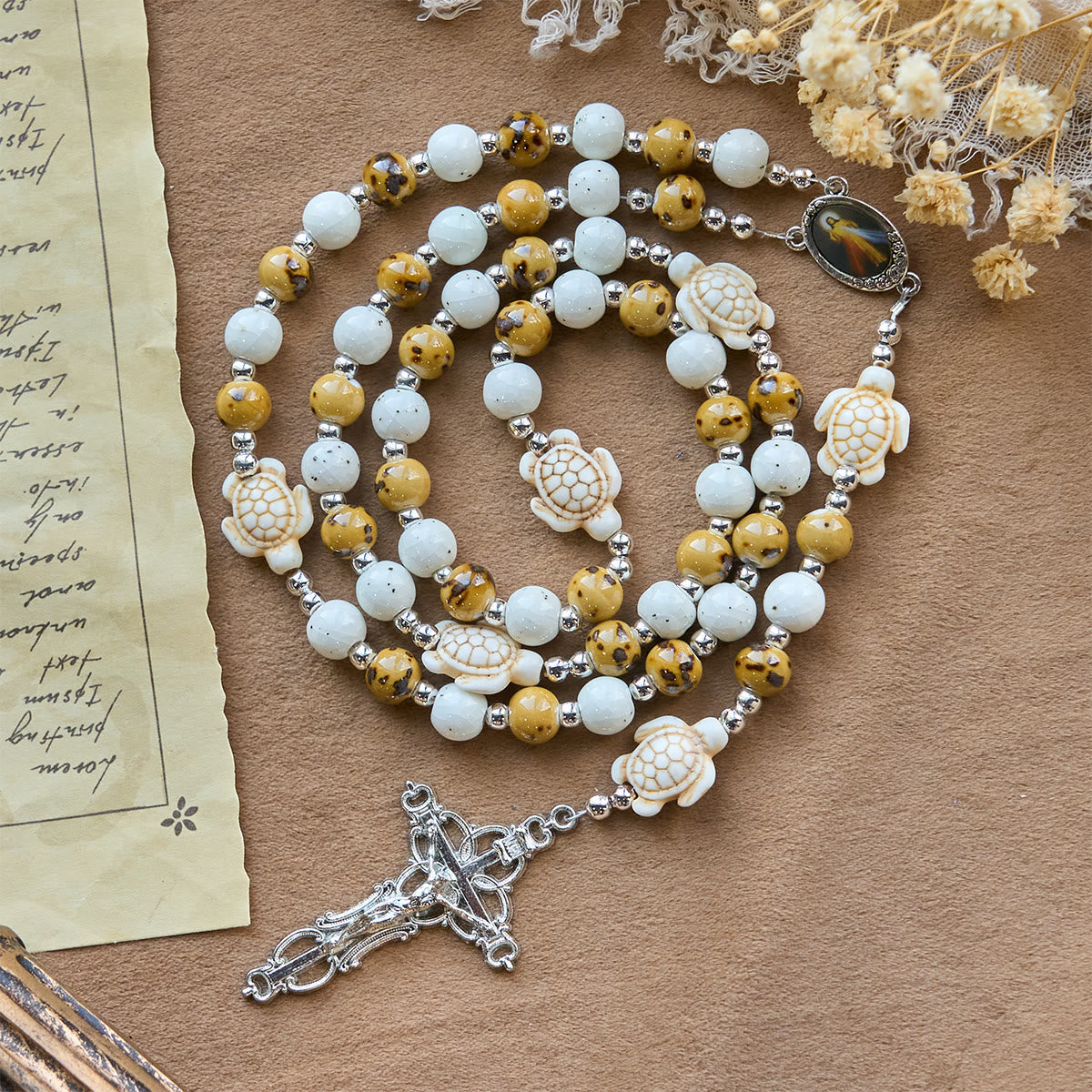 Divine Care Turtle with Warm Yellow Beads and Our Lord's Mercy Animal Rosary