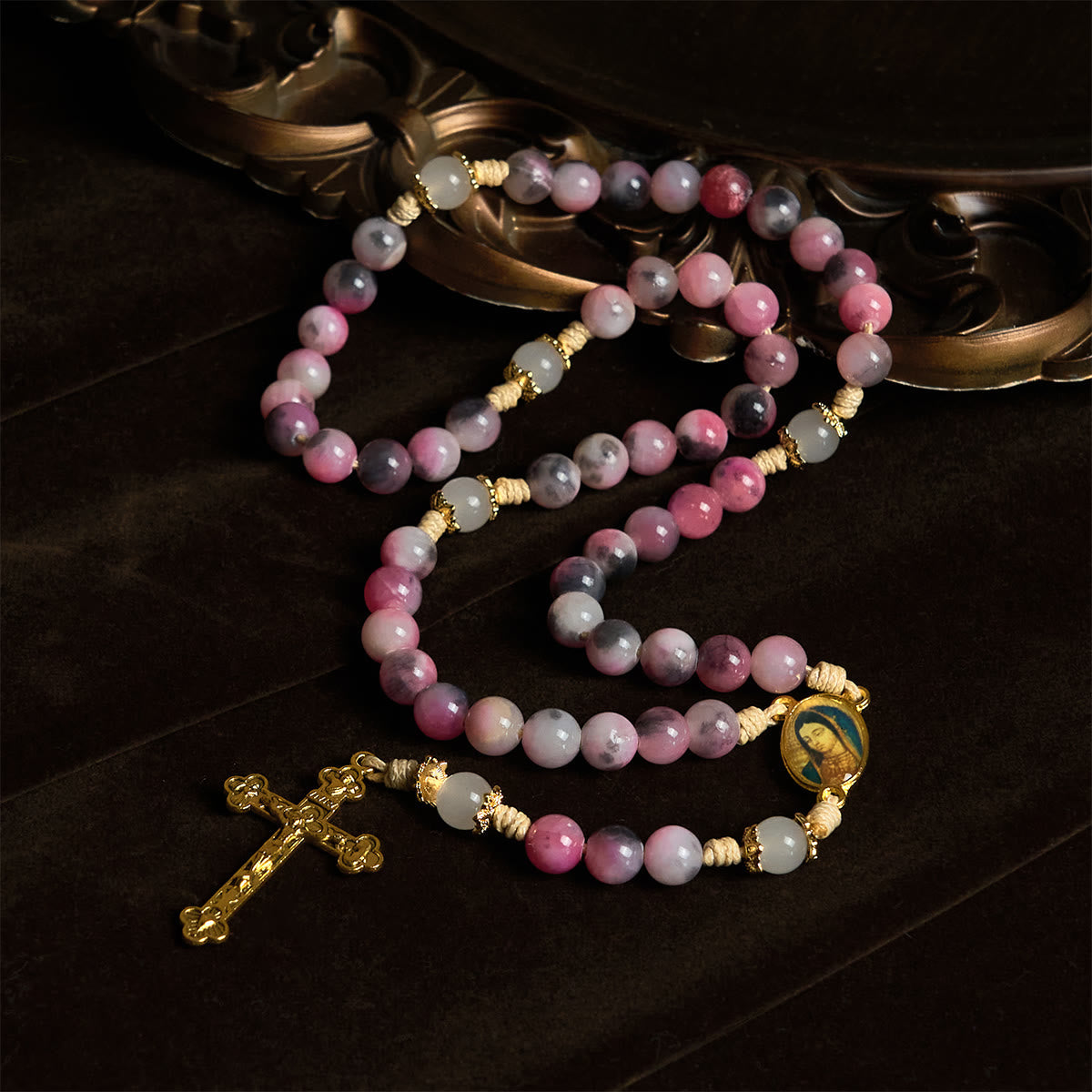 Elegant Persian Pink and Black Jade Beads Rosary with Our Lady's Blessing