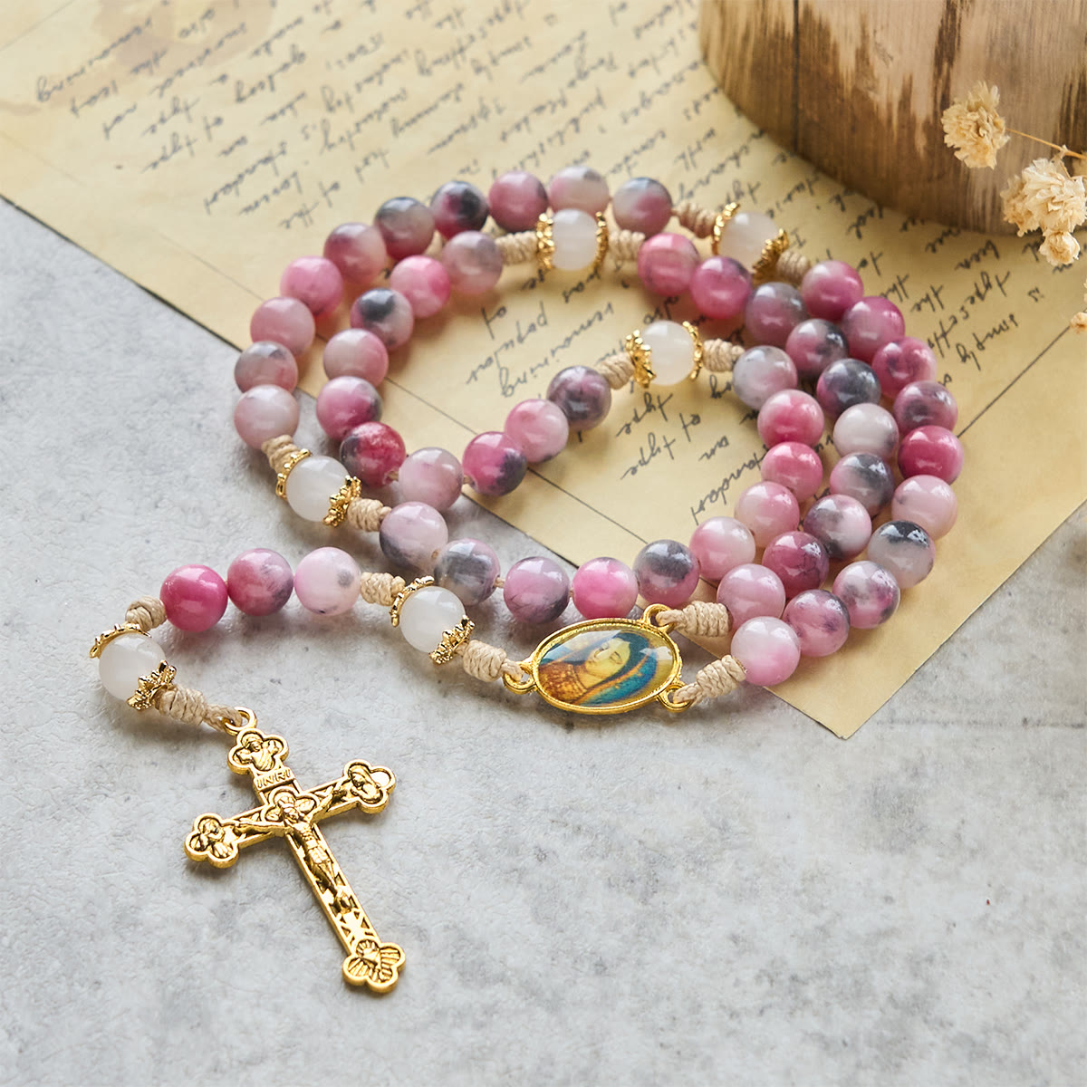 Elegant Persian Pink and Black Jade Beads Rosary with Our Lady's Blessing