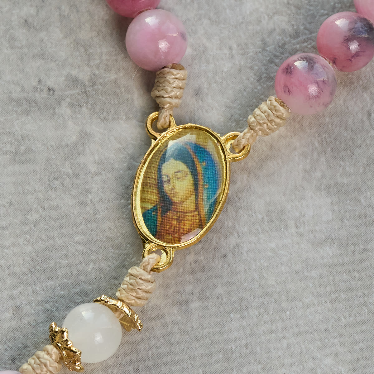 Elegant Persian Pink and Black Jade Beads Rosary with Our Lady's Blessing