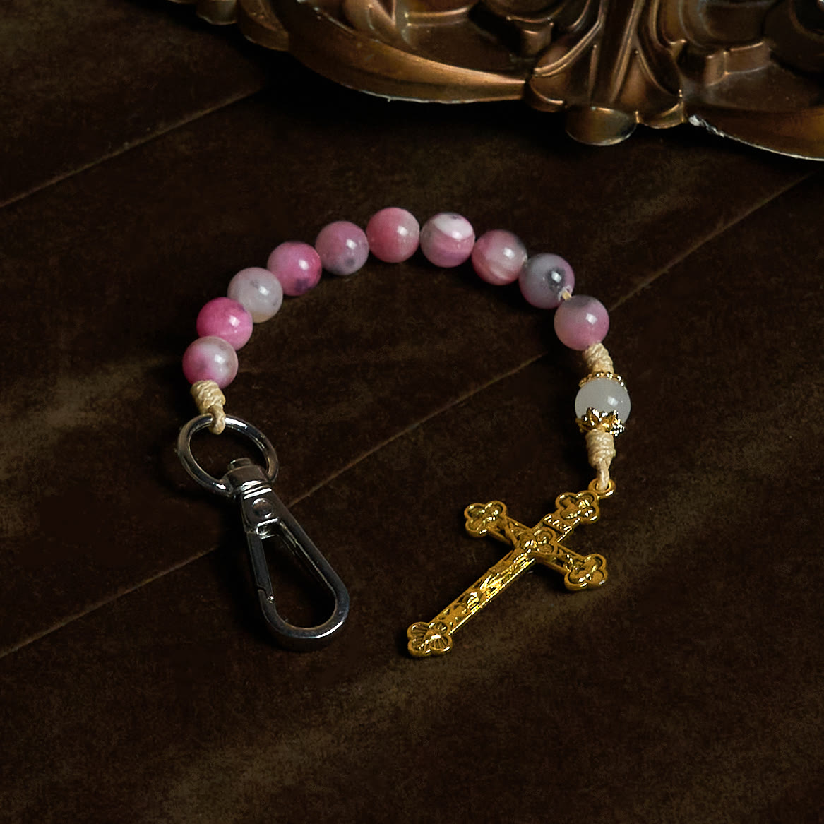 Persian Pink Jade Beads Portable Rosary Keychain with Bronze Crucifix