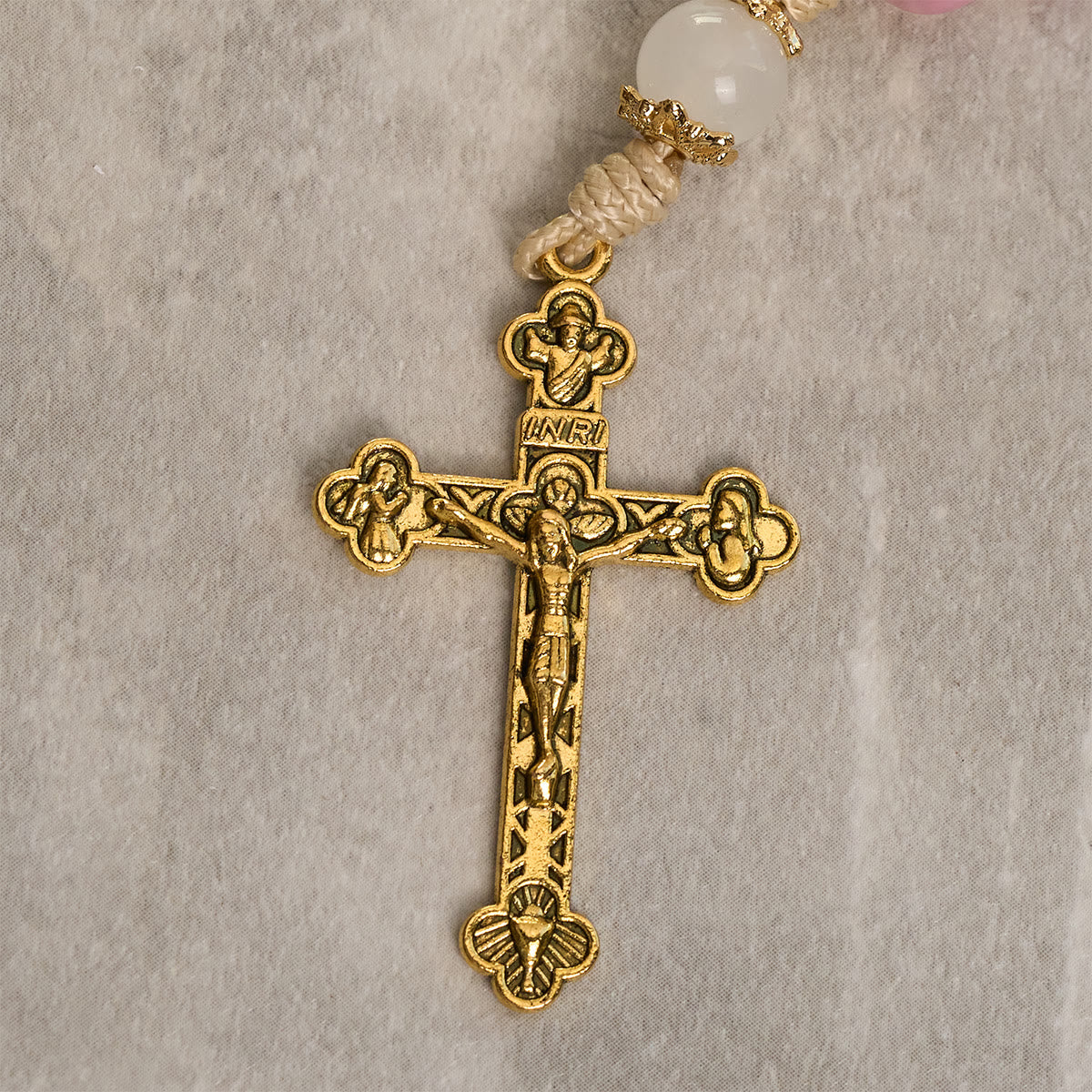 Persian Pink Jade Beads Portable Rosary Keychain with Bronze Crucifix