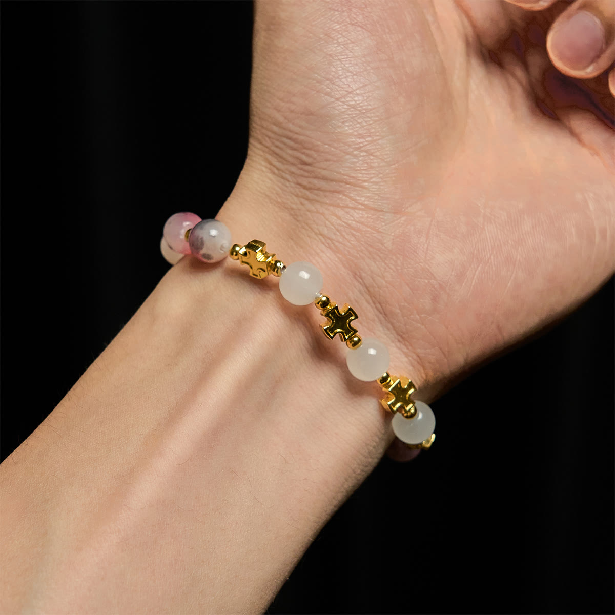 Graceful 8mm Persian Pink & Black Jade Beads Bracelet with Ancient Cross