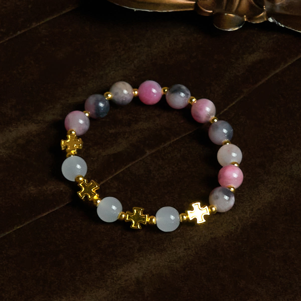 Graceful 8mm Persian Pink & Black Jade Beads Bracelet with Ancient Cross