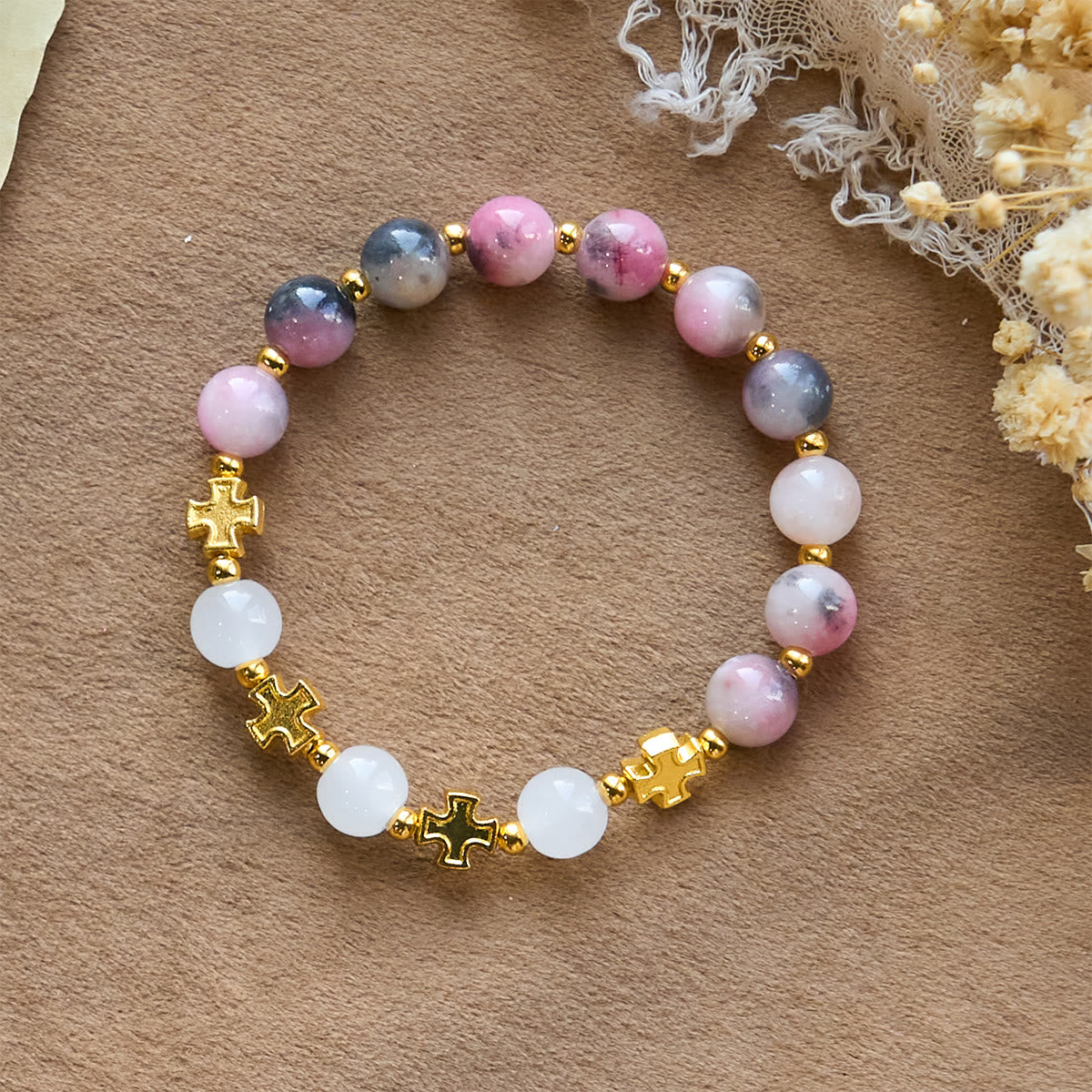 Graceful 8mm Persian Pink & Black Jade Beads Bracelet with Ancient Cross