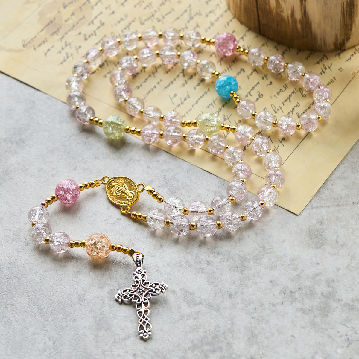 Rainbow Light 8mm Crackle Glass Beads Rosary with Our Lady & Cross