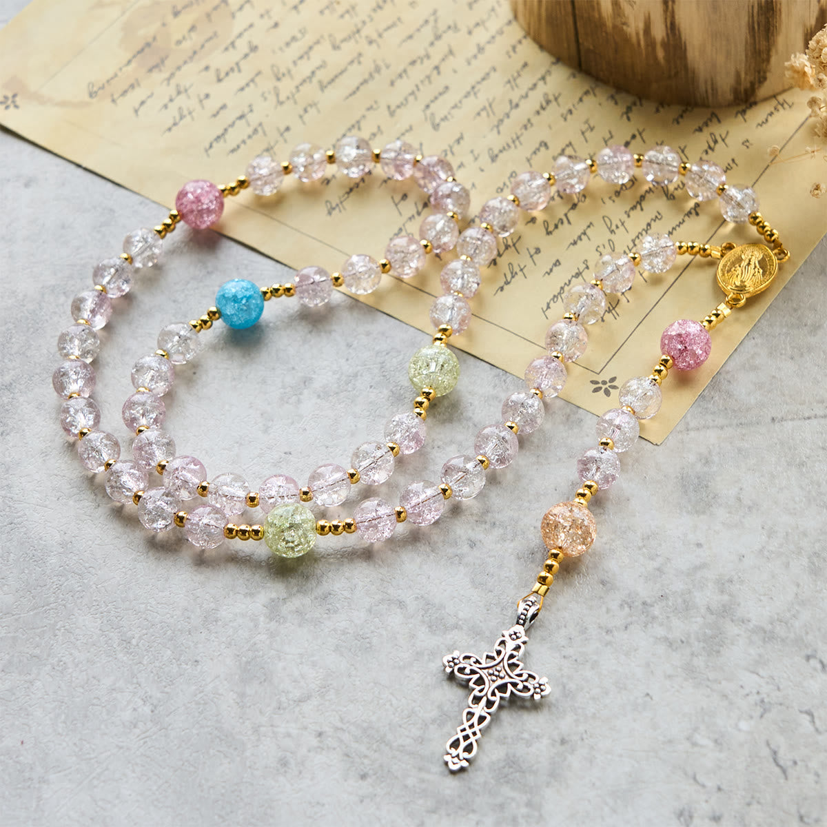 Rainbow Light 8mm Crackle Glass Beads Rosary with Our Lady & Cross