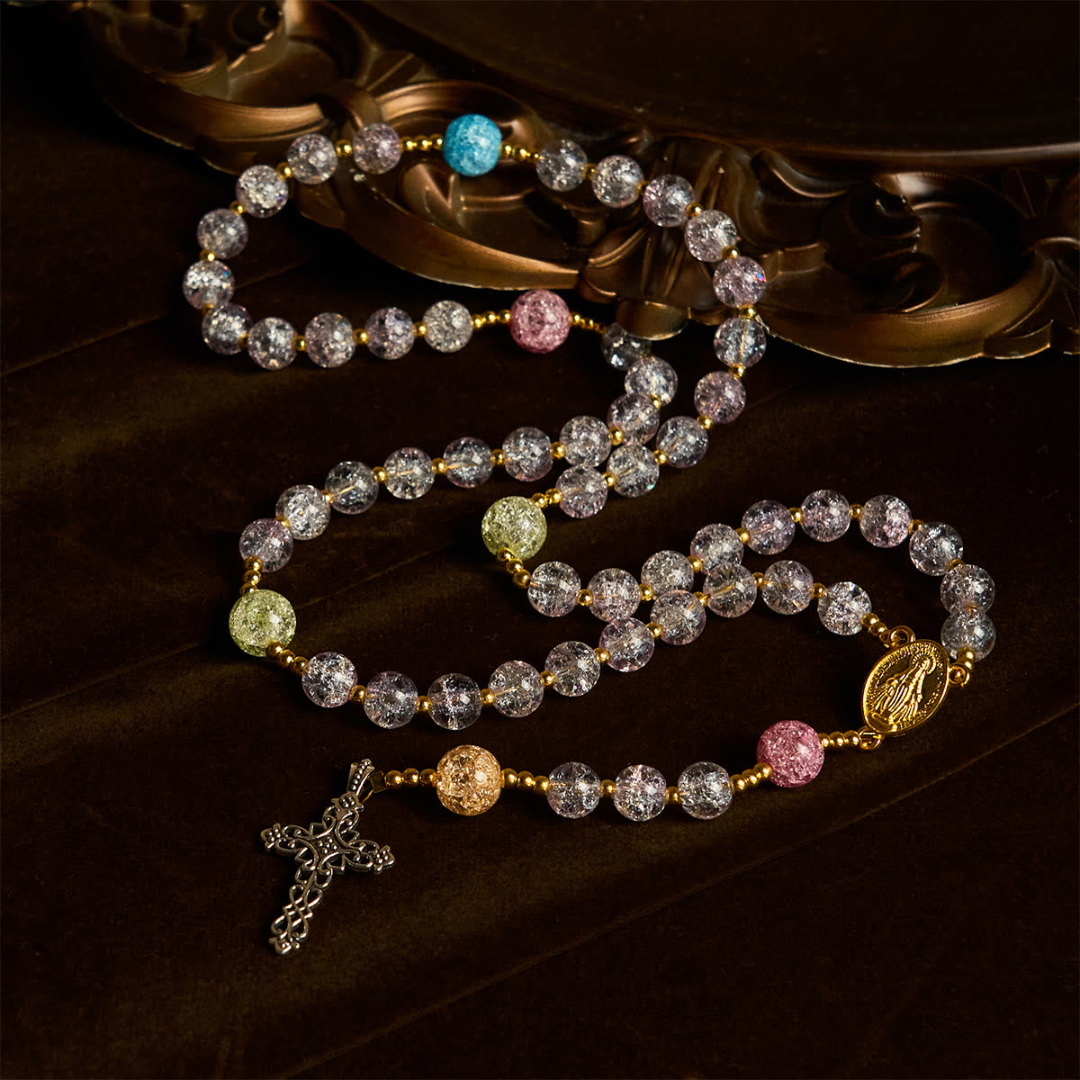 Rainbow Light 8mm Crackle Glass Beads Rosary with Our Lady & Cross