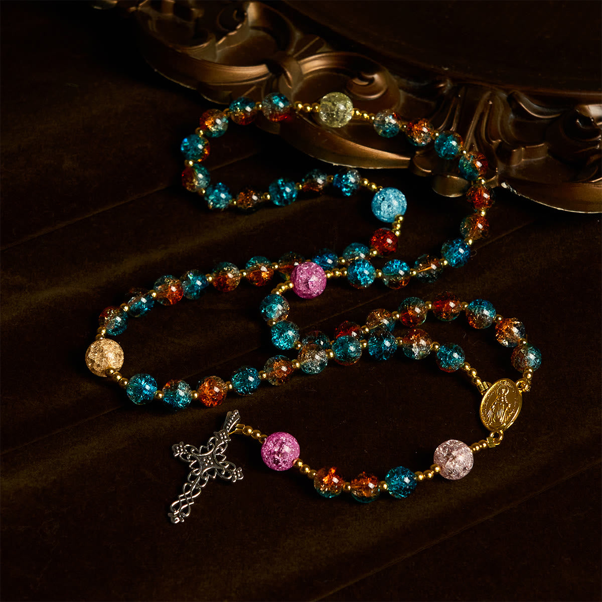 Divine Harmony Radiance Blue-Red Crackle Beads Rosary with Cross of Faith