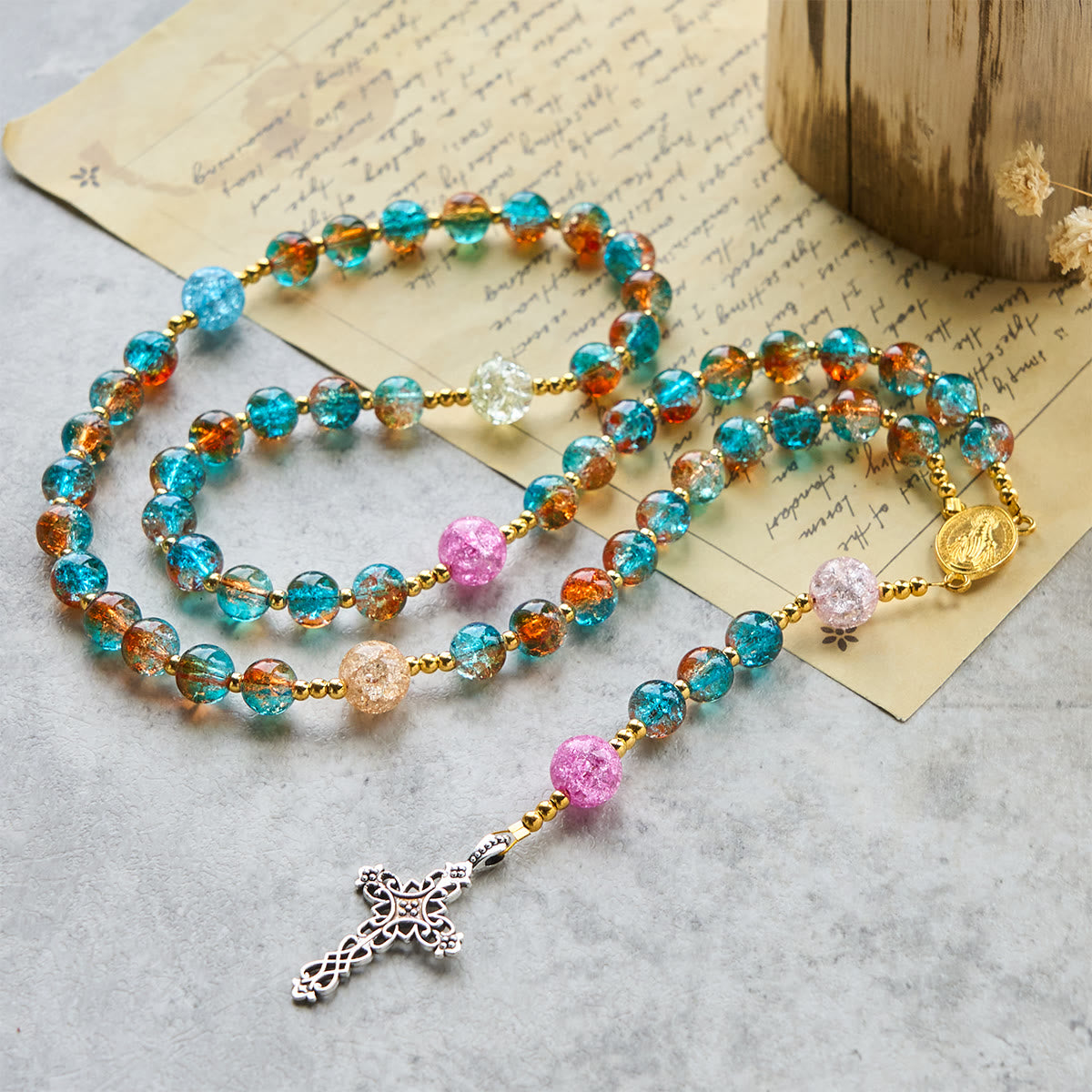 Divine Harmony Radiance Blue-Red Crackle Beads Rosary with Cross of Faith