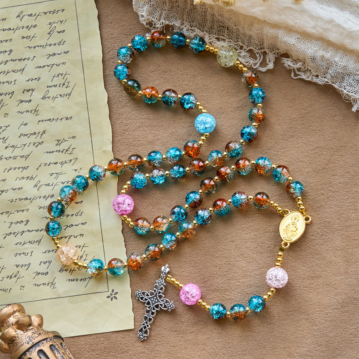 Divine Harmony Radiance Blue-Red Crackle Beads Rosary with Cross of Faith