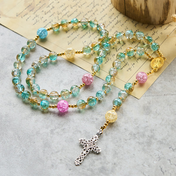 Glittering 8mm Ocean-Inspired Crackle Glass Rosary with Our Lady Medal