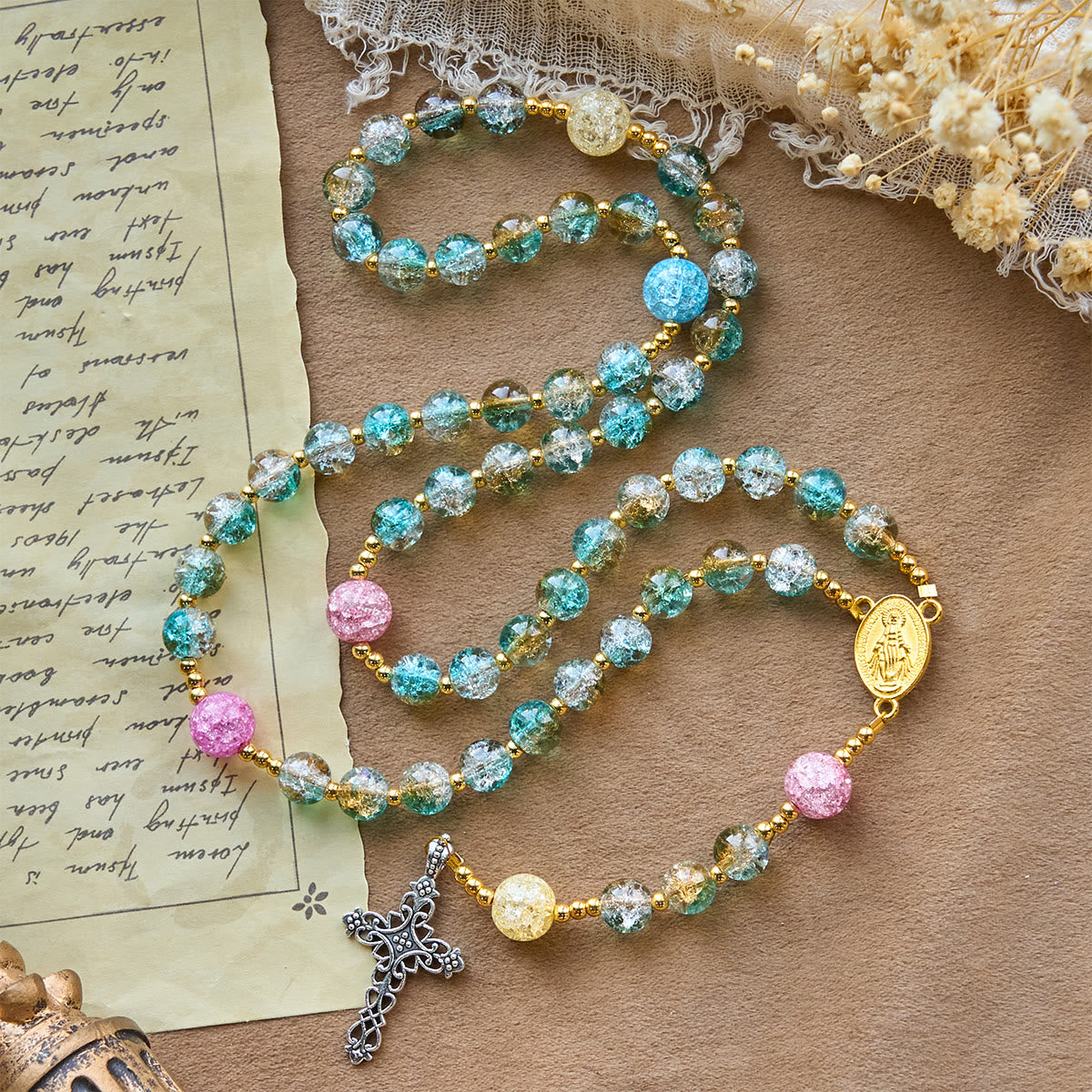 Glittering 8mm Ocean-Inspired Crackle Glass Rosary with Our Lady Medal
