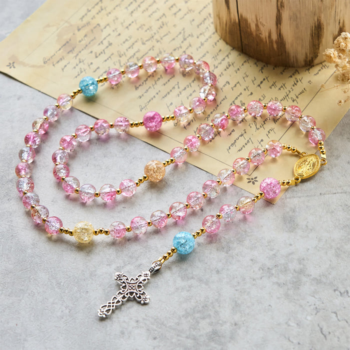 Our Lady's Mercy with Sparkling Pink-Blue Crackle Glass Rosary