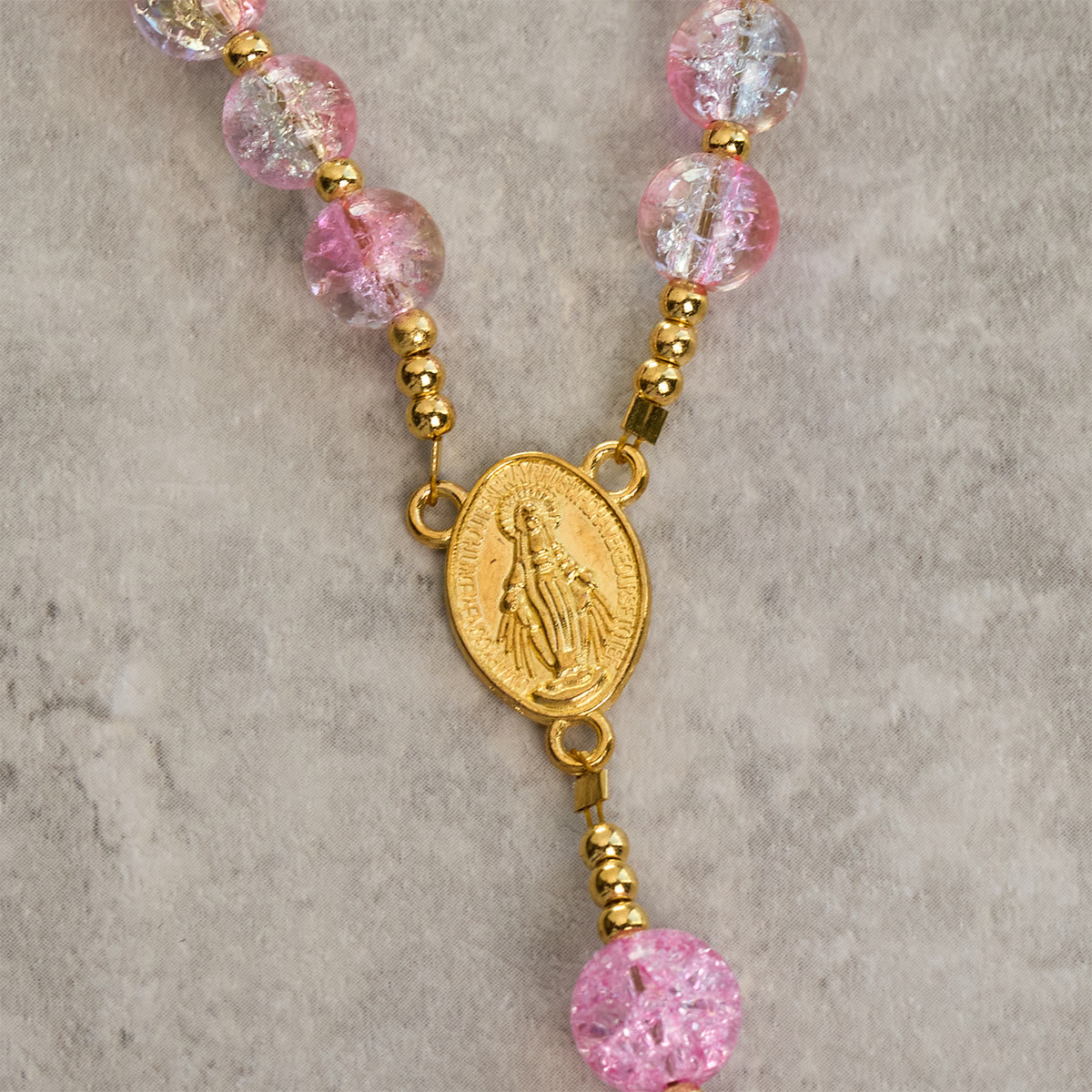 Our Lady's Mercy with Sparkling Pink-Blue Crackle Glass Rosary