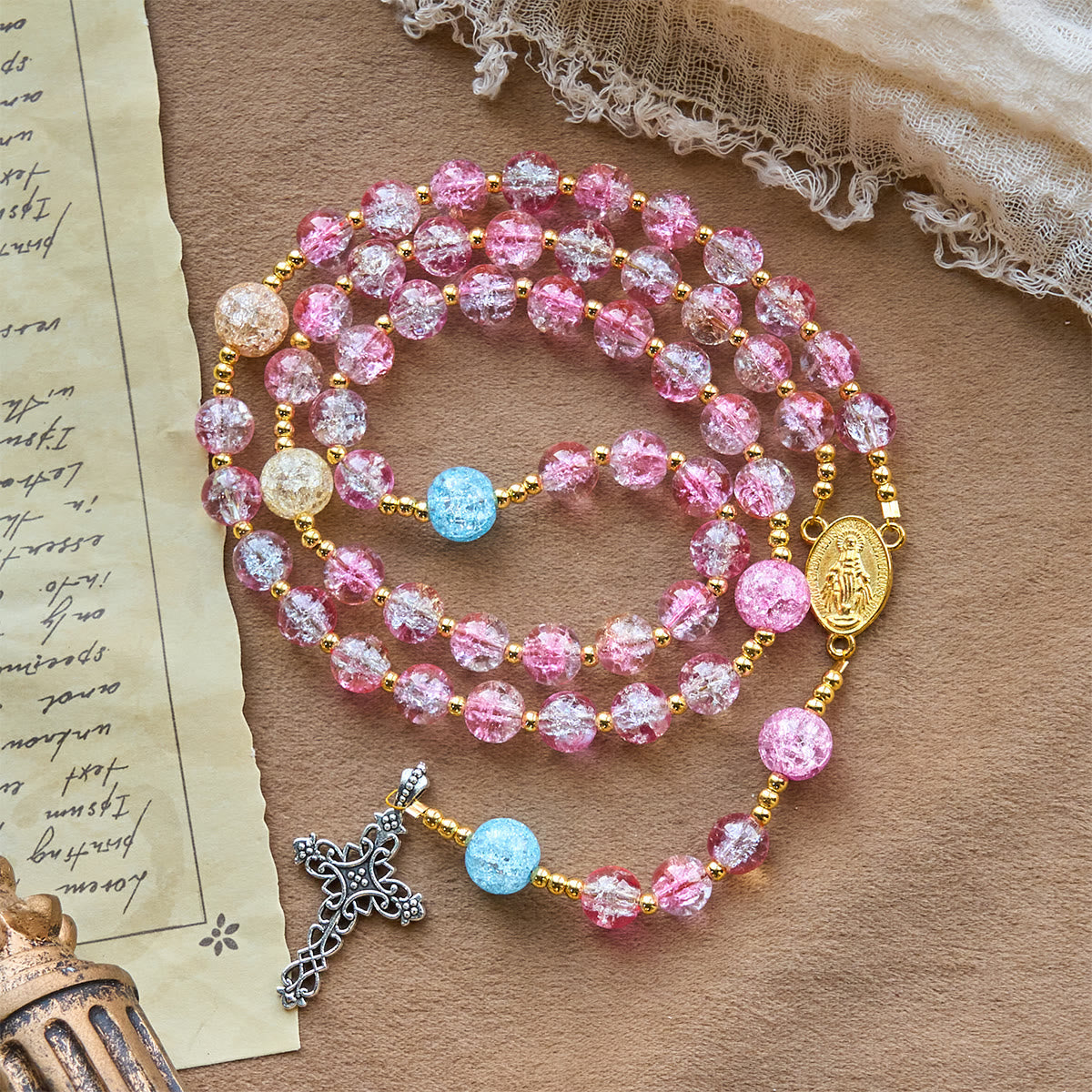 Our Lady's Mercy with Sparkling Pink-Blue Crackle Glass Rosary
