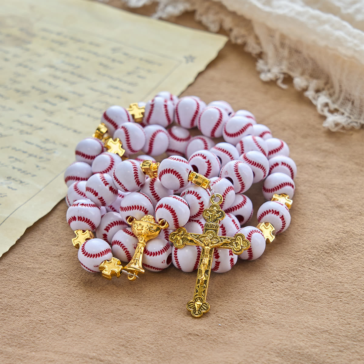 Blessed Miniature Baseball Beads Rosary with Golden Holy Chalice & Crucifix: Merge Faith and Sport