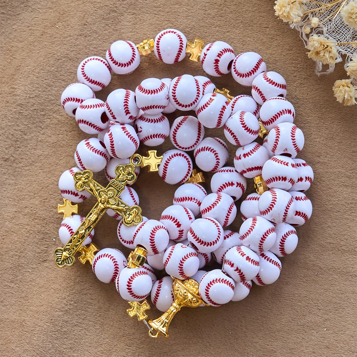 Blessed Miniature Baseball Beads Rosary with Golden Holy Chalice & Crucifix: Merge Faith and Sport