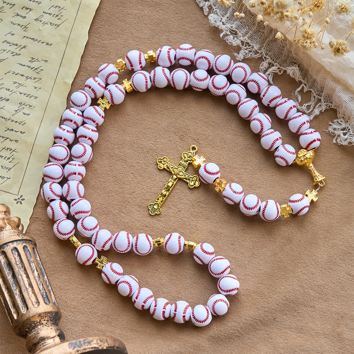 Blessed Miniature Baseball Beads Rosary with Golden Holy Chalice & Crucifix: Merge Faith and Sport