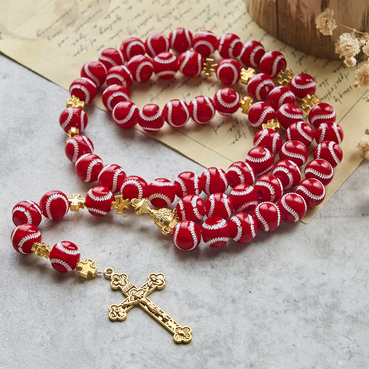 Blessed Miniature Baseball Beads Rosary with Golden Holy Chalice & Crucifix: Merge Faith and Sport