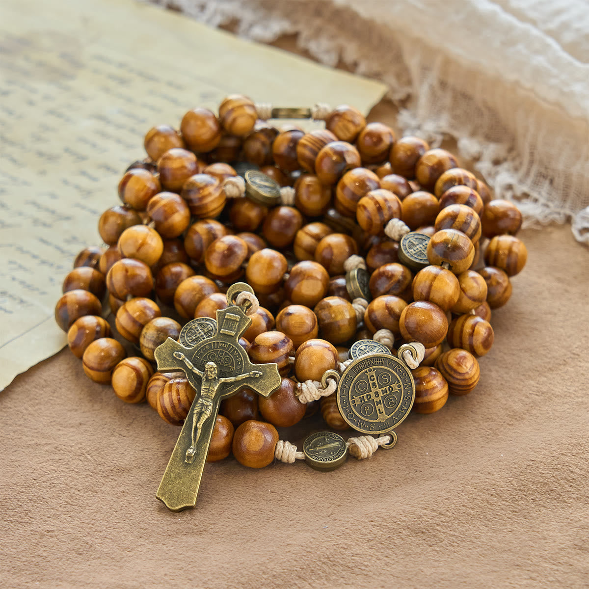 15/20 Decade Olive Wood Rosary with St. Benedict, Crucifix & Waist Chain Design—Divine Devotion in Dual Use