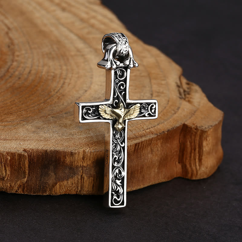 Intricate Sterling Silver Cross Necklace with Golden Dove: An Exquisite Blend of Detail and Devotion