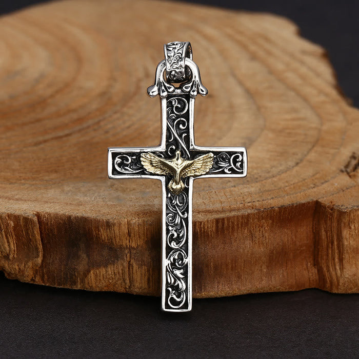 Intricate Sterling Silver Cross Necklace with Golden Dove: An Exquisite Blend of Detail and Devotion