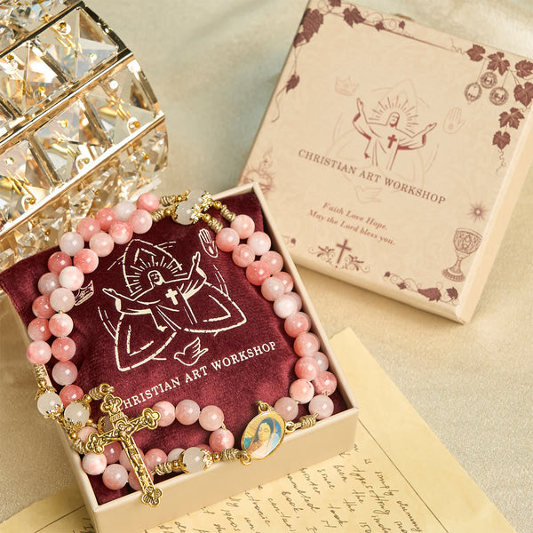 Handmade Pink Glossy Beads Rosary with Brass Crucifix and Our Lady Charm