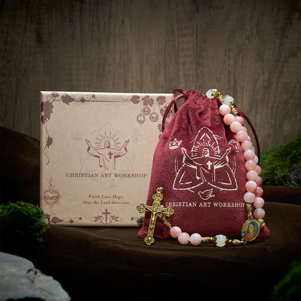 Handmade Pink Glossy Beads Rosary with Brass Crucifix and Our Lady Charm