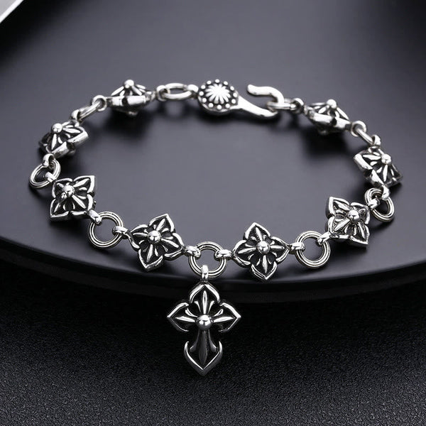 Retro - Styled Sterling Silver Cross Bracelet with Floral Motifs: A Nostalgic Sign of Faith