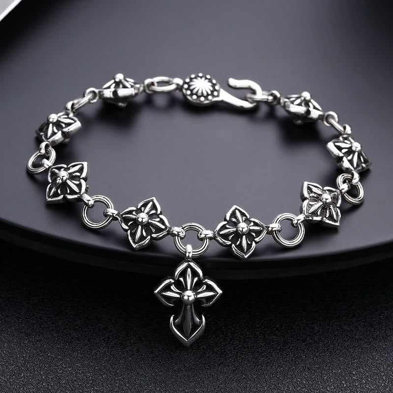 Retro - Styled Sterling Silver Cross Bracelet with Floral Motifs: A Nostalgic Sign of Faith