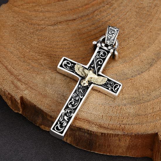 Intricate Sterling Silver Cross Necklace with Golden Dove: An Exquisite Blend of Detail and Devotion