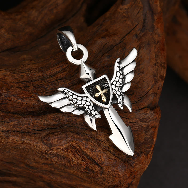 Artistic Winged Silver Cross Pendant with Shield Detail: A Unique Blend of Art and Belief