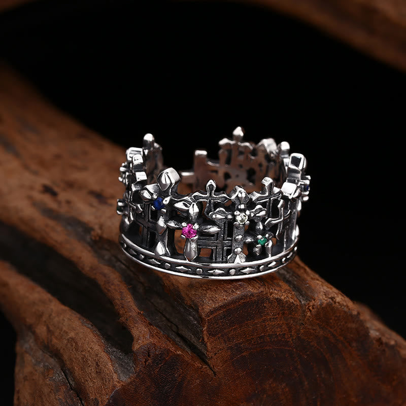 Gothic - Inspired Silver Crown Cross Ring with Zircon: A Bold Expression of Spiritual Reverence